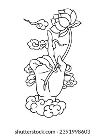 Black and white vector illustration of buddha hand holding a lotus.
