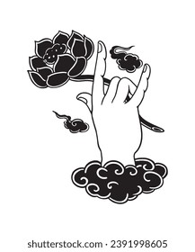 Black and white vector illustration of buddha hand holding a lotus.