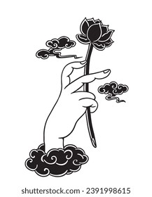 Black and white vector illustration of buddha hand holding a lotus.