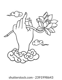 Black and white vector illustration of buddha hand holding a lotus.