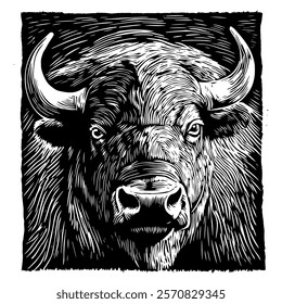 black and white vector illustration of a bull with detailed fur texture and fierce expression, ideal for wildlife, farm animal, and artistic-themed projects