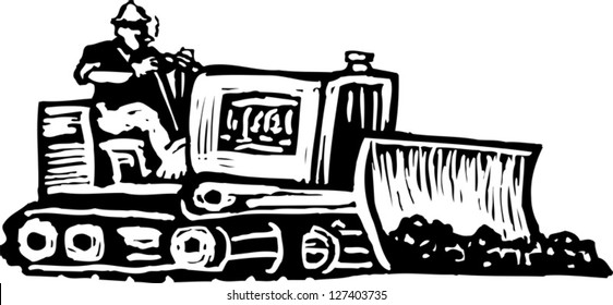 Black and white vector illustration of a bulldozer