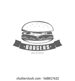 black and white vector illustration of burger isolated on white background for design and advertising design menu / vector burger emblem