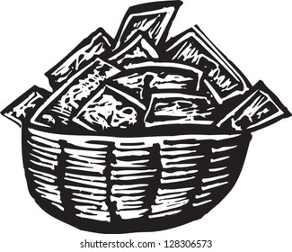 Black and white vector illustration of a bushel of money