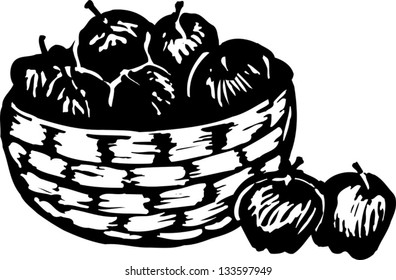 Black and white vector illustration of bushel of apples