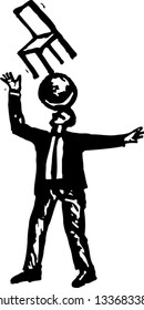 Black and white vector illustration of business executive performing balancing show