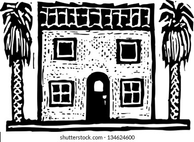 Black And White Vector Illustration Of California Spanish Style House