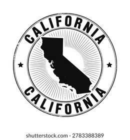 Black and white vector illustration of a California state silhouette within a circular stamp design with radial lines.