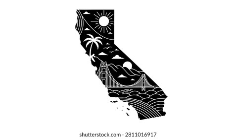 Black and white vector illustration of California state shape featuring a palm tree Golden Gate Bridge ocean waves sun and clouds in a minimalist line art style