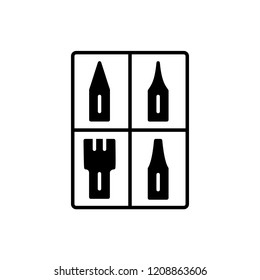 Black & white vector illustration of calligraphy nib set. Flat icon of tool for handwriting & lettering. Stationary supplies for drawing decorative vintage letters. Isolated object on white background
