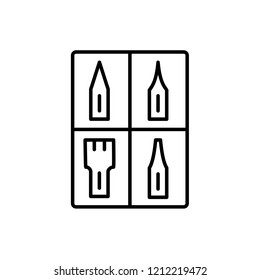 Black & white vector illustration of calligraphy nib set. Line icon of tools for handwriting & lettering. Stationary supplies for drawing vintage letters. Isolated object on white background