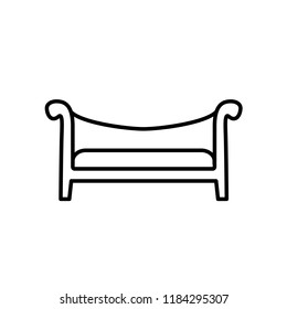 Black & white vector illustration of camel back sofa. Line icon of vintage wooden settee. Retro home & office furniture. Isolated object on white background