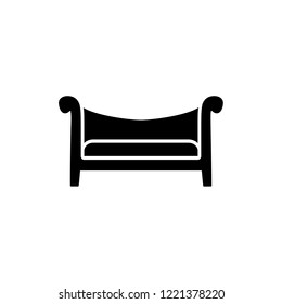 Black & white vector illustration of camel back sofa. Flat icon of vintage wooden settee. Retro home & office furniture. Isolated object on white background