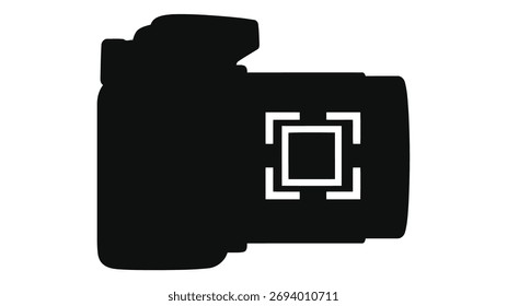 A black and white vector illustration of a camera with a focus square in the center. The image is isolated on a white background. The style is simple and modern.