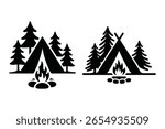 Black and white vector illustration of camping scenes with tents, pine trees, and campfires on a white background.