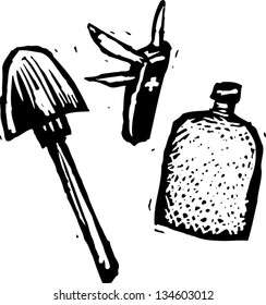 Black and white vector illustration of Camping Shovel, Pocket Knife and Canteen