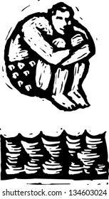 Black And White Vector Illustration Of Cannonball Dive