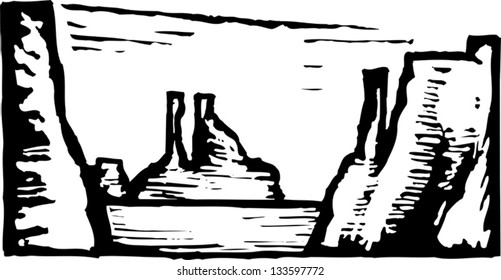 Black and white vector illustration of canyon