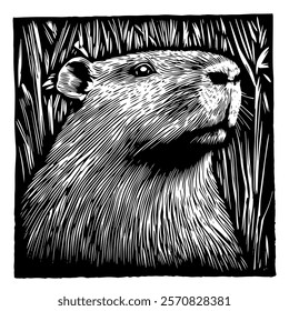 black and white vector illustration of a capybara with detailed fur texture and natural surroundings, perfect for wildlife, nature, and artistic-themed designs