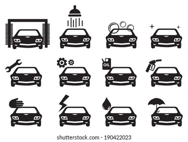 Black and white vector illustration of car service icons