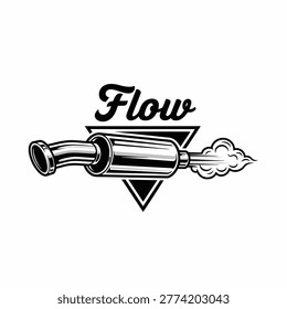 Black and white vector illustration of a car exhaust muffler with smoke trail and the word Flow set against a triangle background