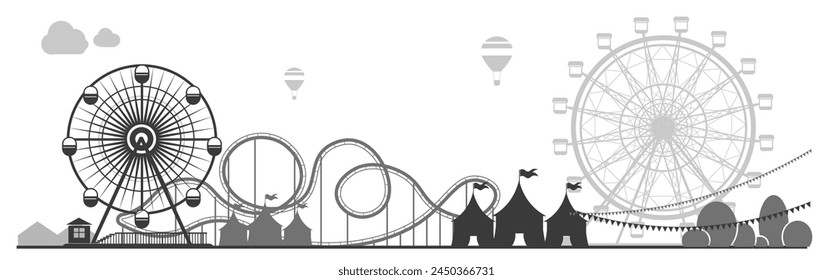 A black and white vector illustration of a carnival scene with fun time attractions, including a Ferris wheel, roller coasters, and carnival booths under a decorated bunting.