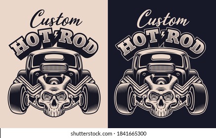 A black and white vector illustration of a cartoon hot rod with a skull, this design can be used as shirt print.