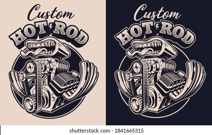 A black and white vector illustration of a cartoon hot rod engine, this design can be used as a shirt print as well as for many other uses.