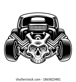 Ilustración vectorial en blanco y negro de una viñeta con un cráneo aislado sobre fondo blanco.