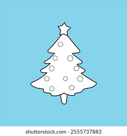 "Black and white vector illustration of a cartoon style Christmas tree with small ornaments and stars on top, perfect for creative projects and seasonal designs."