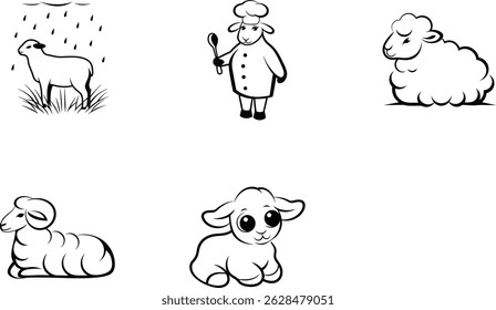 Black and white vector illustration of cartoon sheep characters in different poses