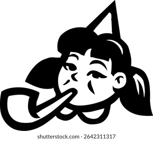 Black and white vector illustration of cartoonish girl with pipe in mouth, vintage style with bold lines; ideal for use in design or print.