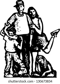 Black and white vector illustration of a casual family