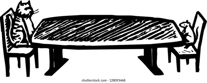 Black and white vector illustration of cat and mouse