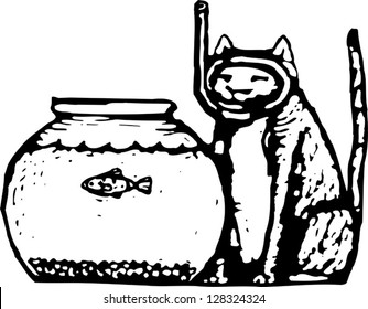 Black and white vector illustration of a cat in diving mask with a fish tank