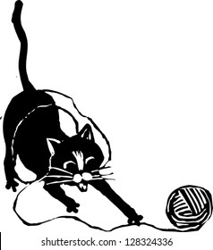 Black and white vector illustration of a cat with yarn