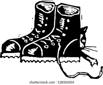 Black and white vector illustration of a cat hiding behind shoes
