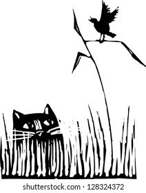 Black and white vector illustration of a cat staring a bird