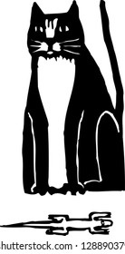 Black and white vector illustration of a cat having a capture