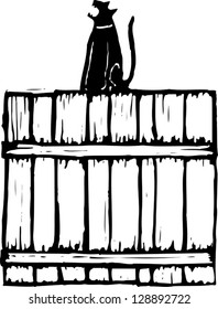 Black and white vector illustration of a cat on a fence