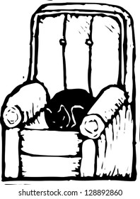 Black and white vector illustration of a cat sleeping in armchair