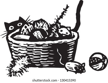 Black and white vector illustration of a cat and toys