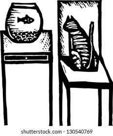 Black and white vector illustration of cat watching fish