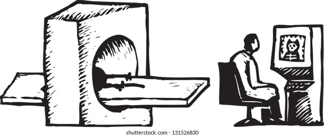 Black and white vector illustration of cat being scanned in hospital