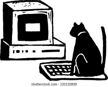 Black and white vector illustration of cat sitting on computer keyboard