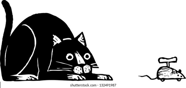 Black and white vector illustration of a cat ready to pounce on a toy mouse