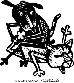 Black and white vector illustration of cat and dog wrestling