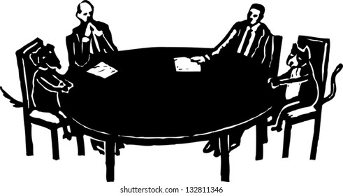 Black and white vector illustration of cat and dog in arbitration meeting