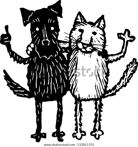 猫と犬の友人の白黒のベクターイラスト のベクター画像素材 ロイヤリティフリー