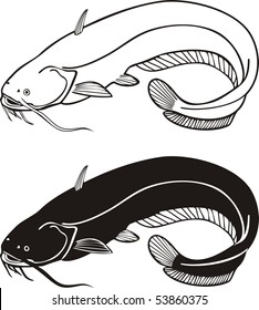 Black and white vector illustration of a catfish